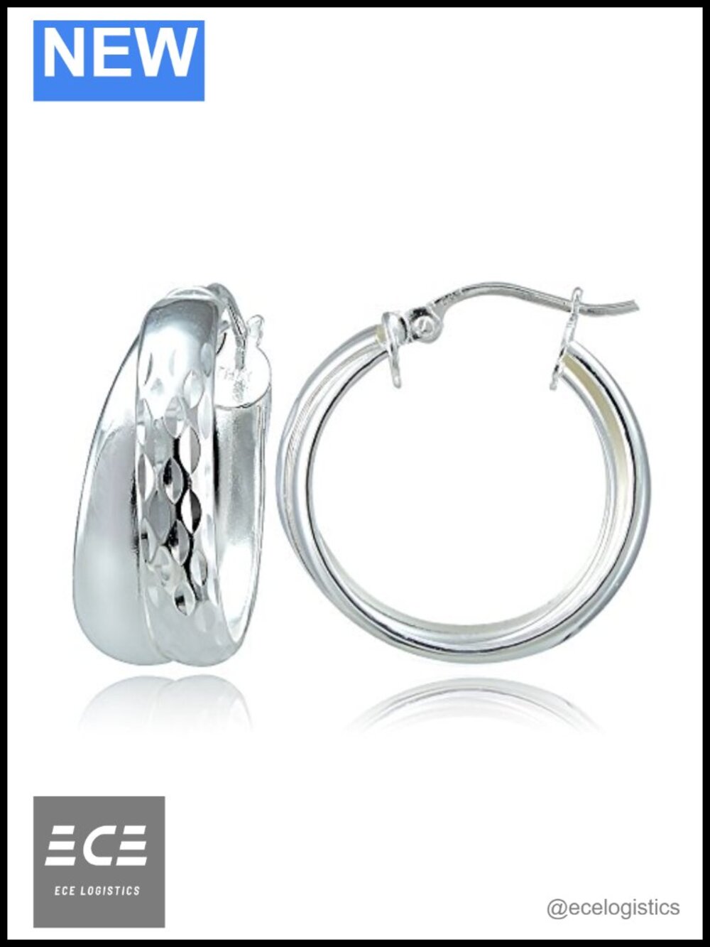Sterling Silver Diamond Cut Click Top Double Hoop Earrings Two Toned Yellow